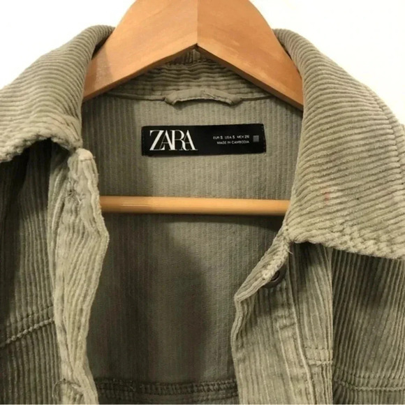 Zara Shacket Corduroy Olive Green Collared Oversized Button Up Raw Hem Size Smal - Picture 2 of 10